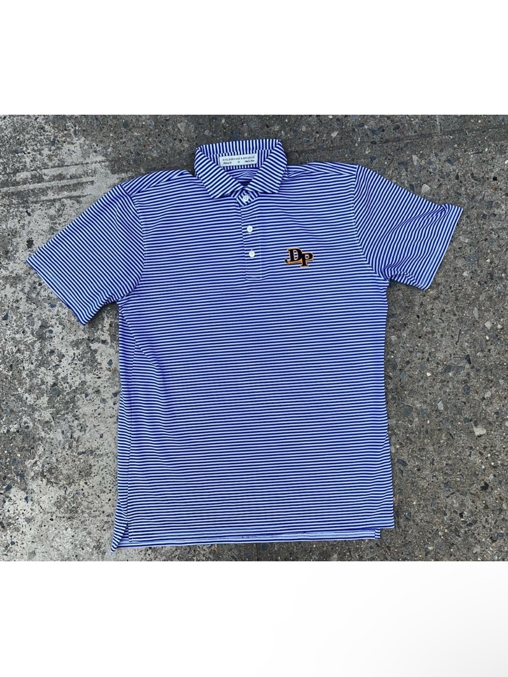 Holderness Bourne Maxwell Cobalt & White Striped Polo Shirt Blue Mens M DP Logo